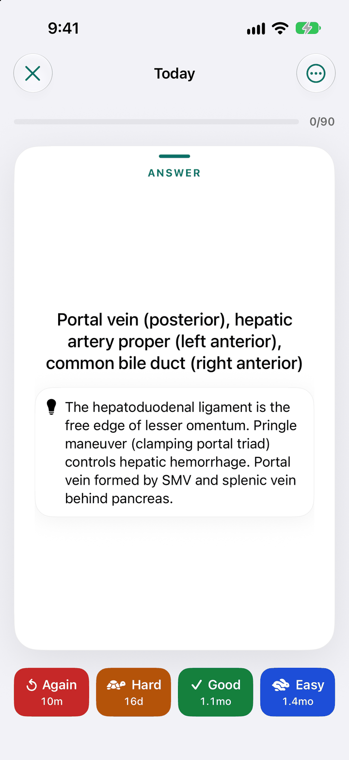 A medicine card in a MedRecall study session with the answer showing and the Again, Hard, Good and Easy buttons