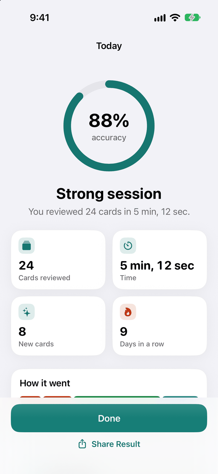 MedRecall session summary at the end of a study session
