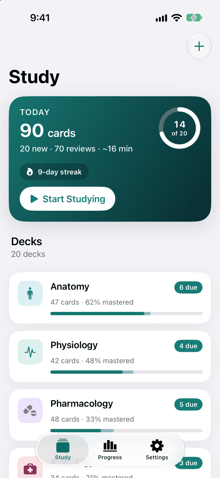 MedRecall Today screen with the cards due, new cards, the study streak and progress toward the daily goal